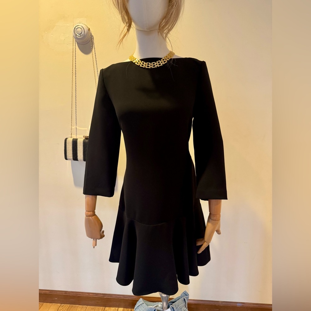 Classic Black Long-Sleeve boat neck Flounce Dress